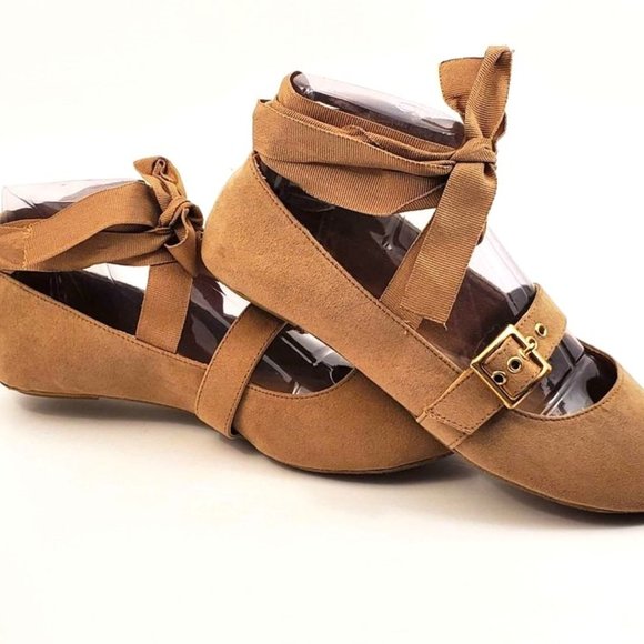 NEW Bamboo Women's Flats Chantel Tan Suede with Ankle Tie Foot Buckle - Picture 12 of 15